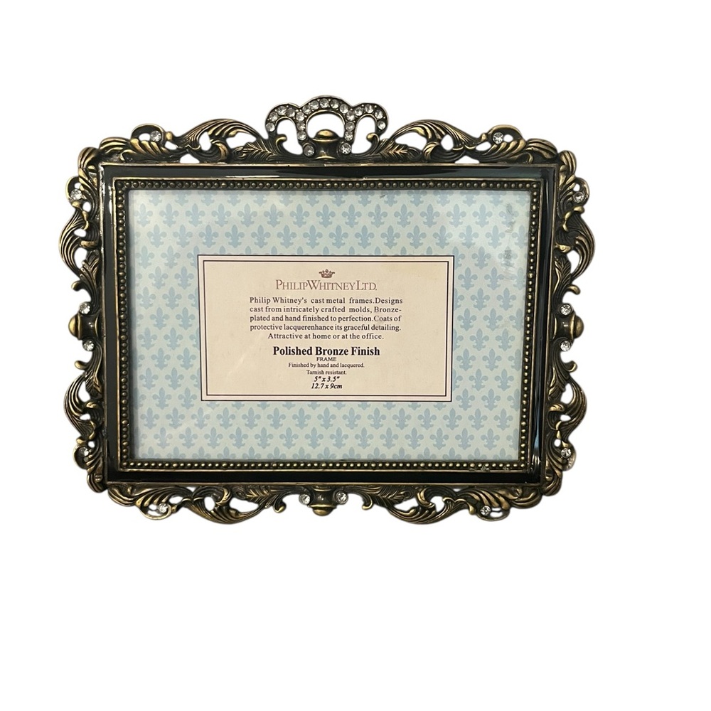 Philip Whitney Ornate Polished Bronze Finish Photo Frame Crown Rhinestones 5x3.5